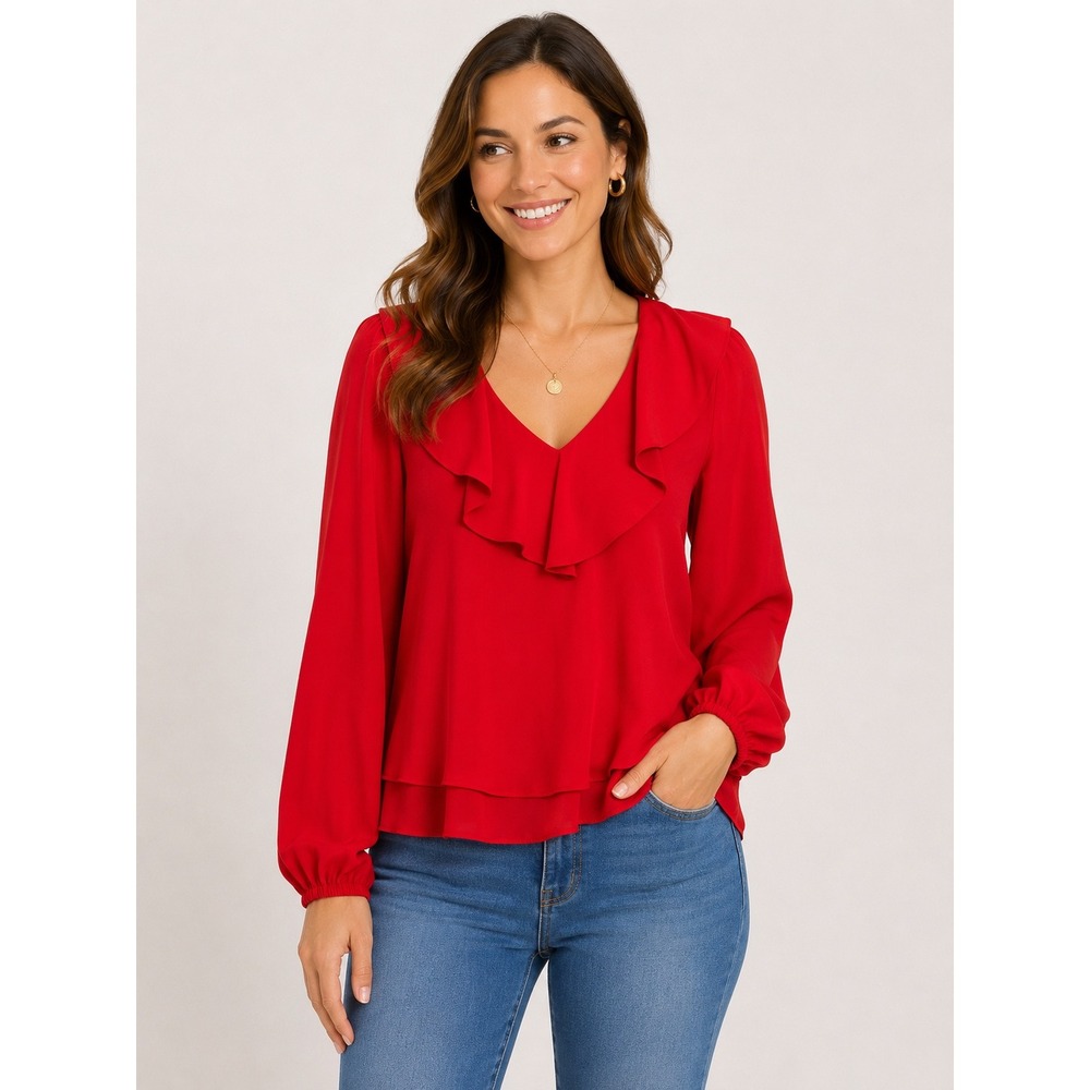 Zara Womens Red Ruffle V-Neck Tiered Hem Balloon Sleeve Blouse Size L